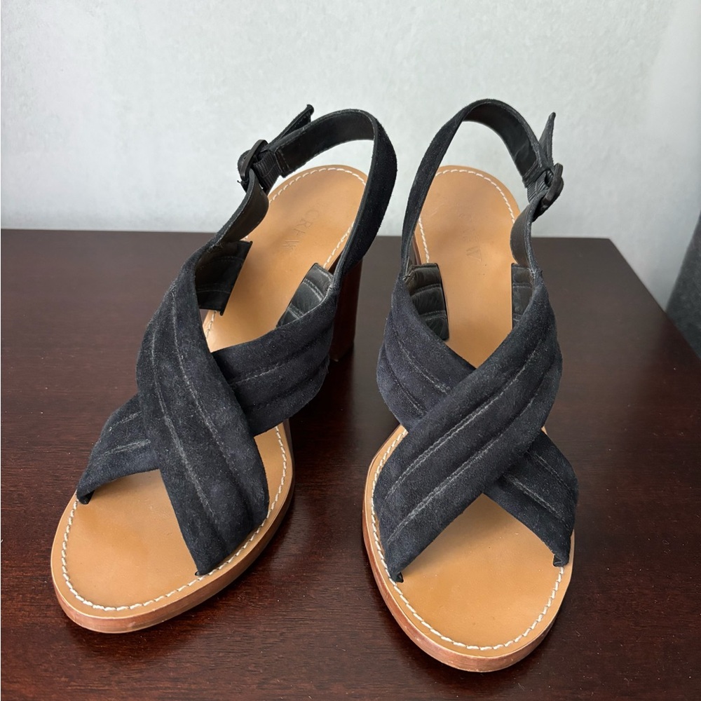 J.Crew black suede stacked heel sandals, size 9.5
